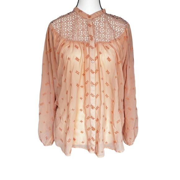 Lucky Brand Boho Embroidered Lace Crochet Sheer Peasant Top Peach Womens Large - Picture 1 of 11